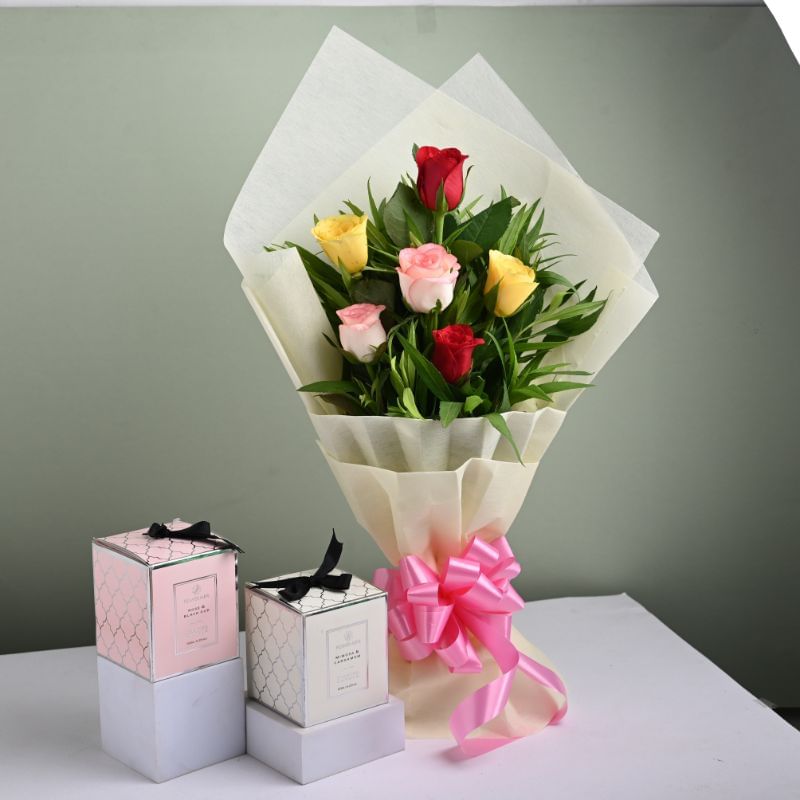 Candles Duo With Mixed Roses